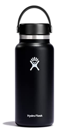 HYDRO FLASK - Trinkflasche 946ml (32oz) - Isolierte Wasserflasche aus Edelstahl - Sportflasche mit auslaufsicherem Flex Cap-Deckel & Gurt - Thermoflasche Spülmaschinenfest - Größe Öffnung - Black von Hydro Flask