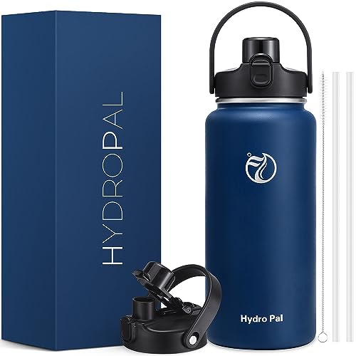HydroPal Isolierte Wasserflasche mit 2-in-1-Deckel (Becherdeckel/Strohhalm-Deckel), doppelwandige Vakuum-Edelstahl-Wasserflaschen, Wasserkrug mit Strohhalm, breite Öffnung, Blau von HydroPal