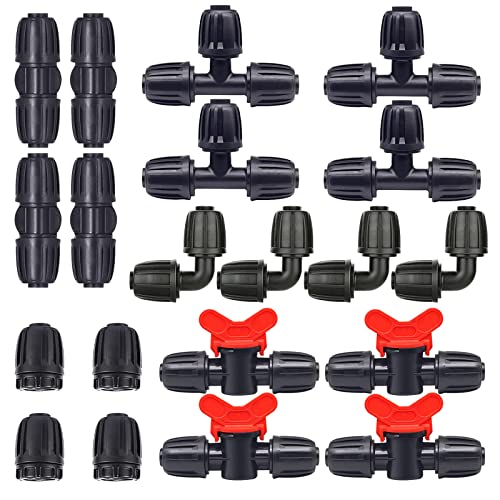 Hydrogarden 20 PC Bewässerungsarmaturen-Kit für 1/2 "Tropfschläuche - 4 T-Stücke, 4 Kupplungen, 4 Enden, 4 Winkelstücke, 4 Schaltventile - Steckverbinder mit Widerhaken von Hydrogarden