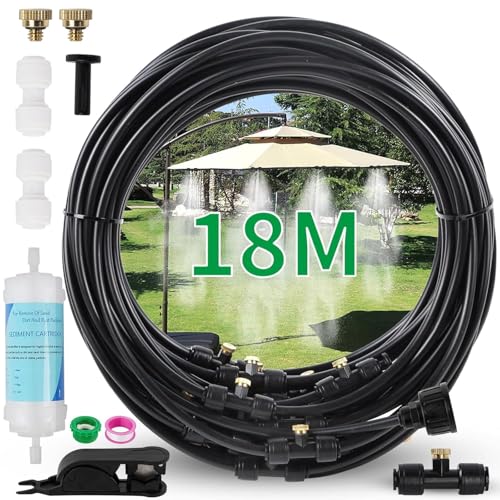 Hydrogarden Outdoor Misting System Sprühnebel Kühlung Terrasse(18M) mit Wasserfilter - Nebelsystem Linie 20 Messing-Nebeldüsen Messingadapter (3/4") Terrassennebel zum Kühlen von Außengewächshaus von Hydrogarden