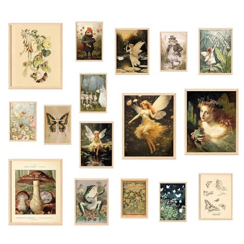 HyeeArt Fairycore Raumdekor – 16 Fairycore & Cottagecore Wandkunstdrucke, Goblincore, Pilz und erdig, Vintage-Poster-Set für Schlafsaal von HyeeArt
