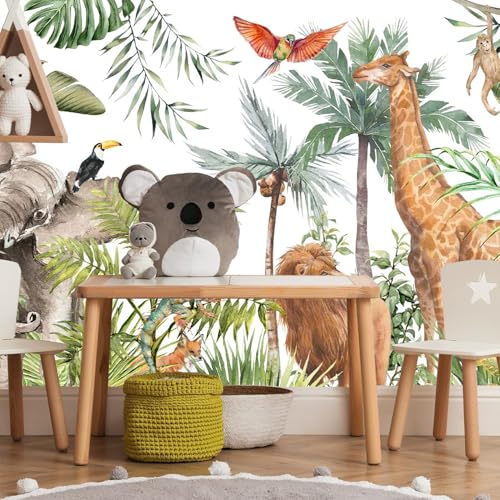 HyeeArt Tropischer Dschungel Wandbild mit Pfingstrosen, Palmen und Elefanten auf goldenem Marmor, nicht klebende Tapete für Kinderzimmer, Schlafzimmer oder Büro, Kleister (Wallpaper-04, 358,1 x 243,8 von HyeeArt