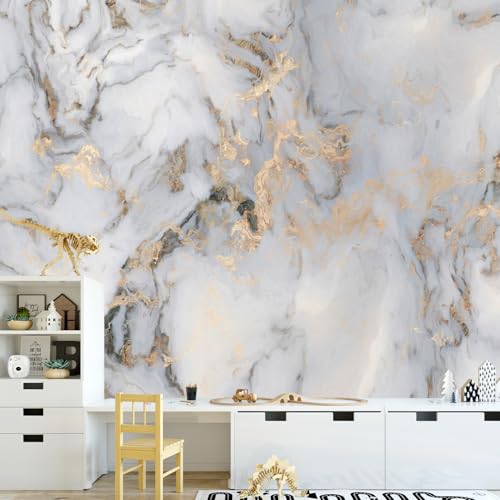 HyeeArt Tropischer Dschungel Wandbild mit Pfingstrosen, Palmen und Elefanten auf goldenem Marmor, nicht klebende Tapete für Kinderzimmer, Schlafzimmer oder Büro, Kleister (Wallpaper-06, 358,1 x 243,8 von HyeeArt