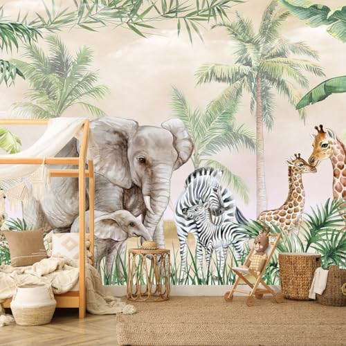 HyeeArt Tropischer Dschungel Wandbild mit Pfingstrosen, Palmen und Elefanten auf goldenem Marmor, nicht klebende Tapete für Kinderzimmer, Schlafzimmer oder Büro, Kleister (Wallpaper-07, 358,1 x 243,8 von HyeeArt