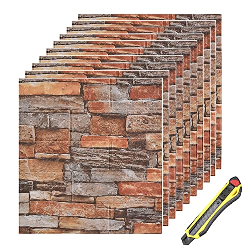 Hyesrtey 10 Stück 3D Wandpaneele 35x38.5cm Selbstklebend Küchenrückwand Ziegel Tapeten Steinoptik 4 mm Steintapete Wandaufkleber Wasserdicht Wandtapete für Küche Schlafzimmer (Rot) von Hyesrtey