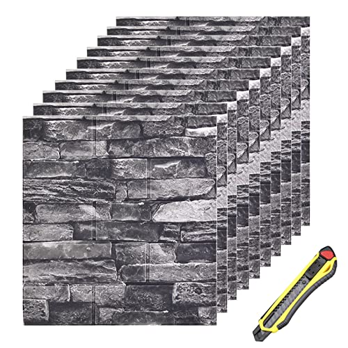 Hyesrtey 10 Stück 3D Wandpaneele 35x38.5cm Selbstklebend Küchenrückwand Ziegel Tapeten Steinoptik 4 mm Steintapete Wandaufkleber Wasserdicht Wandtapete für Küche Schlafzimmer (Schwarz) von Hyesrtey