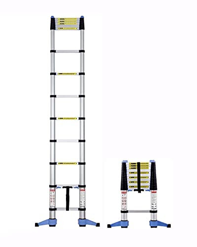 Teleskopleiter, 3,2 m, Soft-Close, hohe ausziehbare Trittleiter, 11 Stufen, kompaktes Design, zusammenklappbare Stabilisatorstange und Wandständer, Aluminium, 150 kg Kapazität, Silber/Schwarz, EN131-6 von Hyfive