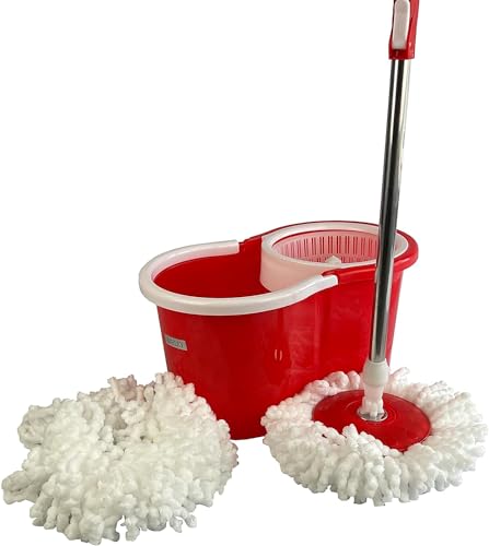 HYFIVE Wischmopp- und Wischmopp-Eimer-Set mit 2 super saugfähigen Mikrofaser-Wischmoppköpfen, einfach zu drücken, drehbarer Griff, Bodenwischer und Wischeimer auf Rädern, leichter Mehrzweck-Drehmopp von Hyfive