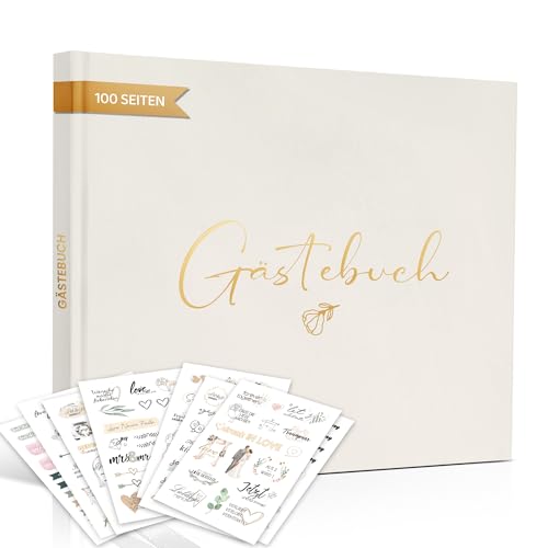 Gästebuch Hochzeit, Sticker Hochzeit Gästebuch, 100 Seiten Hochzeitsgästebuch, Beige Gästebuch, Hochzeitsbuch, Hochzeitsalbum für Erinnerungen, 155 Sticker Hochzeit in Deutsch und Englisch, 19*24 cm von Hyggartn