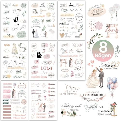 Hyggartn Sticker Hochzeit Gästebuch – 128 Aufkleber auf 8 Bögen mit liebevollen Motiven – Für Hochzeitsalbum, Scrapbook & Gästebuch – Deko Sticker zur Hochzeit von Hyggartn
