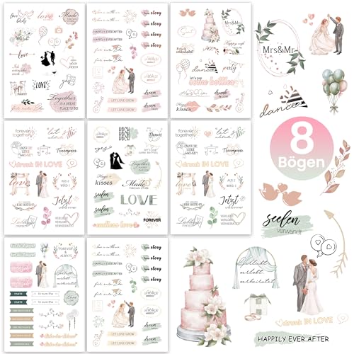 Hyggartn Sticker Hochzeit Gästebuch – 128 Aufkleber auf 8 Bögen mit liebevollen Motiven – Für Hochzeitsalbum, Scrapbook & Gästebuch – Deko Sticker zur Hochzeit von Hyggartn