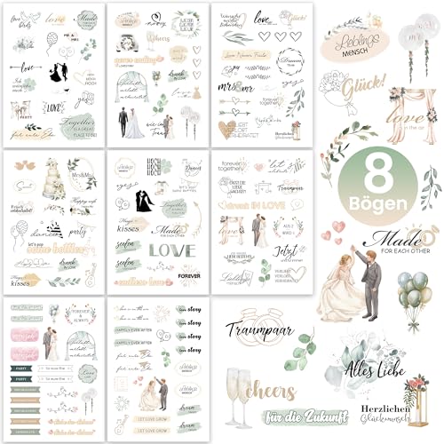 Hyggartn Sticker Hochzeit Gästebuch – 128 Aufkleber auf 8 Bögen mit liebevollen Motiven – Für Hochzeitsalbum, Scrapbook & Gästebuch – Deko Sticker zur Hochzeit von Hyggartn