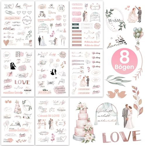 Hyggartn Sticker Hochzeit Gästebuch – 128 Aufkleber auf 8 Bögen mit liebevollen Motiven – Für Hochzeitsalbum, Scrapbook & Gästebuch – Deko Sticker zur Hochzeit von Hyggartn