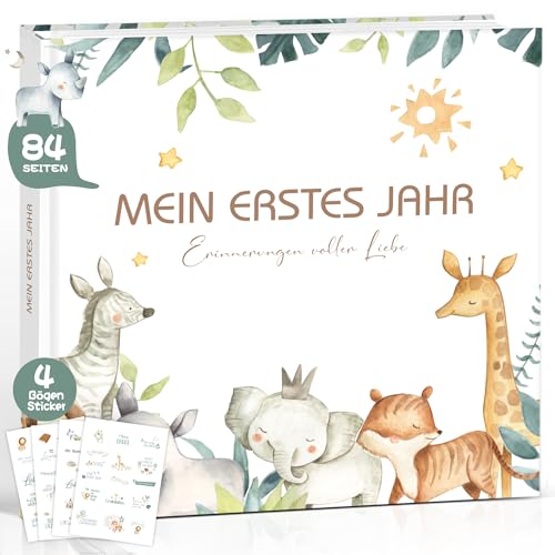 Mein erstes Jahr Babyalbum Meilensteinbuch Babytagebuch Babybuch mein erstes Lebensjahr Dschungel | personalisierte Baby Geschenk Junge Mädchen Geburt | Erinnerungsalbum Babys erstes Jahr mit Sticker von Hyggartn
