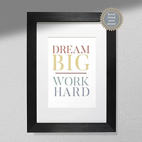 Hygge Creations Dream Big, Work Hard, Motivationsdruck, A3, schwarzer Rahmen mit Halterung von Hygge Creations