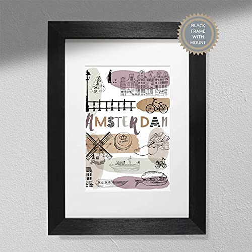 Hygge Creations Amsterdam Kunstdruck – Karte Wandkunst, Reiseposter | Holland Druck schwarzer Rahmen ohne Passepartout A4 von Hygge Creations