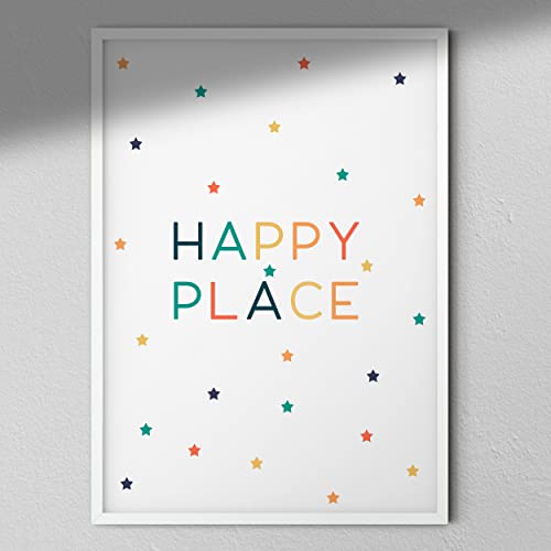 Hygge Creations Happy Place Kinderzimmer-Kunstdruck, für Kinder, Geschenk zur Geburt, A3, weißer Rahmen ohne Passepartout von Hygge Creations