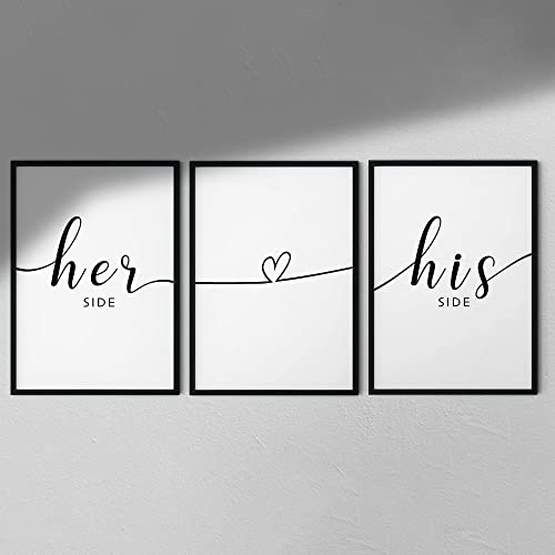 Hygge Creations Her Side, His Side – Typografie-Drucke (3 Stück) | für Paare | Schlafzimmer drucken | Paardruck | weißer Rahmen mit Passepartout A4 von Hygge Creations