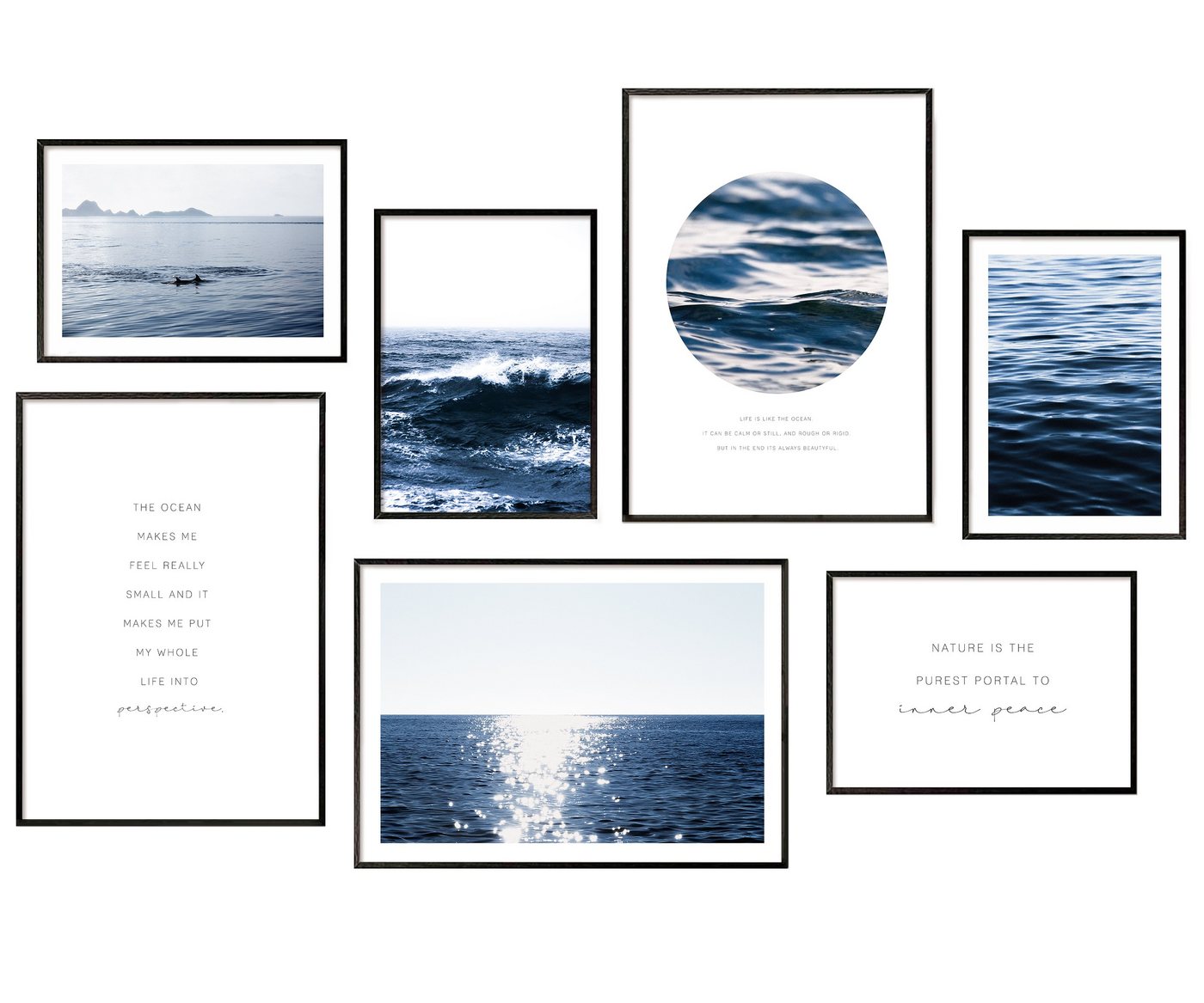 Hyggelig Home Poster Hyggelig Home Premium Poster Set - 7 passende Bilder OHNE RAHMEN im stilvollen Set - Bild Wand Deko Wellen Meer - 3 x DIN A3 + 4 x DIN A4 - Set Blue Waves, Meer (Set, 7 St), Knickfreie Lieferung Qualitätsdruck Dickes Papier von Hyggelig Home