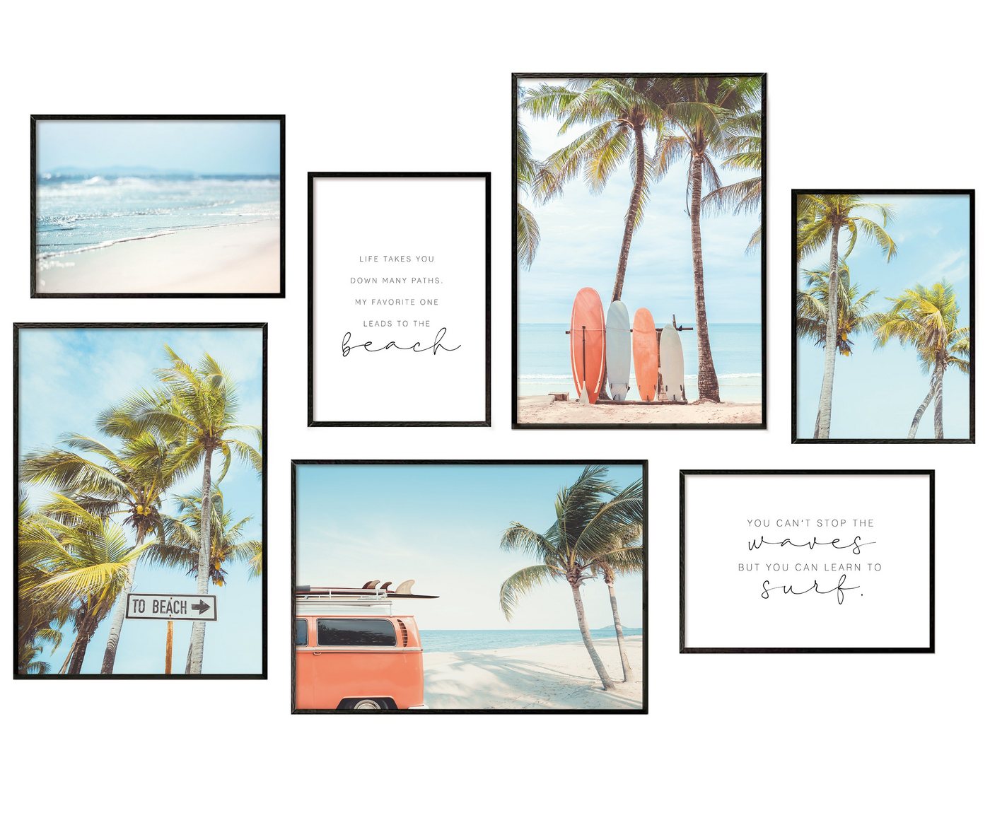 Hyggelig Home Poster Hyggelig Home Premium Poster Set - 7 passende Bilder OHNE RAHMEN im stilvollen Set - Collage Bild Wand Deko - 3 x DIN A3 + 4 x DIN A4 - Set Surfing, Strand (Set, 7 St), Knickfreie Lieferung Qualitätsdruck Dickes Papier von Hyggelig Home