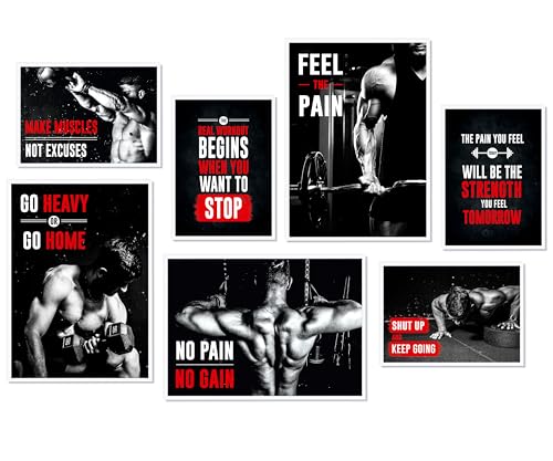 Hyggelig Home Premium Poster Set - 7 Bodybuilding Bilder für Gym Motivation Mindset Home Training- Set Fitness - mit Rahmen weiß von Hyggelig Home