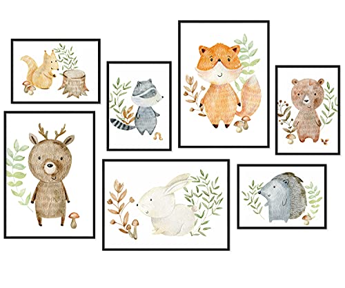 Hyggelig Home Premium Poster Set - 7 Kinderzimmer Bilder - Deko Tiere Junge Mädchen abstrakt - Set Aquarell Animals von Hyggelig Home