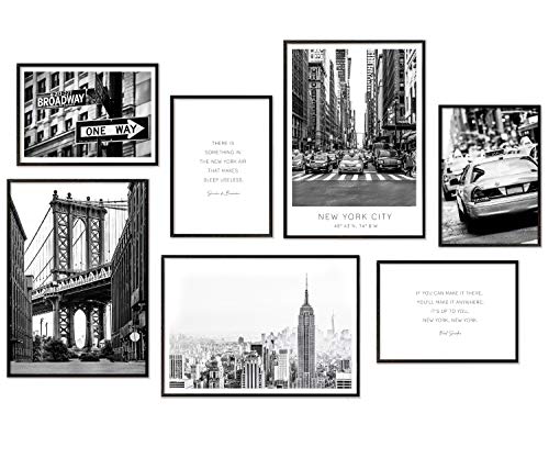 Hyggelig Home Premium Poster Set - 7 passende Bilder im stilvollen Set - Collage Bild Wand Deko - 3 x DIN A3 + 4 x DIN A4 - Set New York - mit Rahmen schwarz von Hyggelig Home