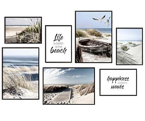 Hyggelig Home Premium Poster Set - 7 passende Bilder im stilvollen Set - Collage Bild Wand Deko - Set Ocean - mit Rahmen weiss von Hyggelig Home