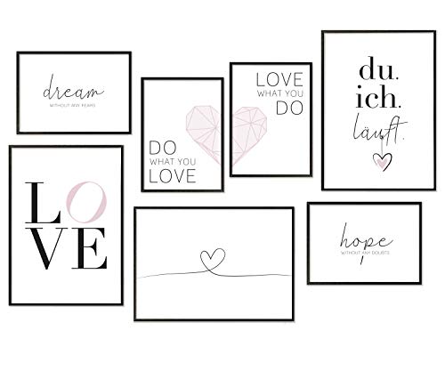 Hyggelig Home Poster Set - 7 passende Bilder im stilvollen Set als Wohnzimmer Deko - Liebe Foto Collage Wandposter - 3 x DIN A3 + 4 x DIN A4 - Love ohne Rahmen von Hyggelig Home