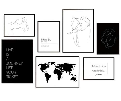 Hyggelig Home Premium Poster Set - 7 harmonische Line Art Bilder - Tiere schwarz weiß Strichzeichnung Deko für Wohnzimmer Flur Schlafzimmer - ohne Rahmen von Hyggelig Home