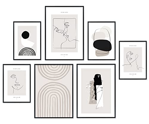 Hyggelig Premium Home Poster Set - 7 hochwertige Kunst Bilder in schwarz weiß grau Wandposter aesthetic Boho Scandi Style - Set Studio Lines - mit Rahmen weiß von Hyggelig Home