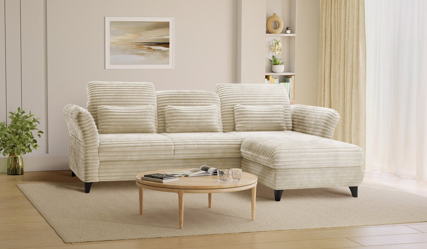 Hygger Möbelhaus Ecksofa Eva L-Form, B/T/H: 253/190/93 cm, inkl. Taschenfedern, 3 Nierenkissen, Wahlweise mit Bettfunktion und Bettkasten, Inkl. Sitztiefenverstellung, Kopfteilverstellung, Armteilverstellung, Hergestellt in Europa von Hygger Möbelhaus