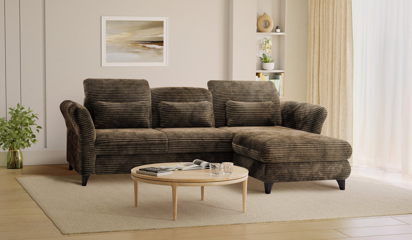 Hygger Möbelhaus Ecksofa Eva L-Form, B/T/H: 253/190/93 cm, inkl. Taschenfedern, 3 Nierenkissen, Wahlweise mit Bettfunktion und Bettkasten, Inkl. Sitztiefenverstellung, Kopfteilverstellung, Armteilverstellung, Hergestellt in Europa von Hygger Möbelhaus