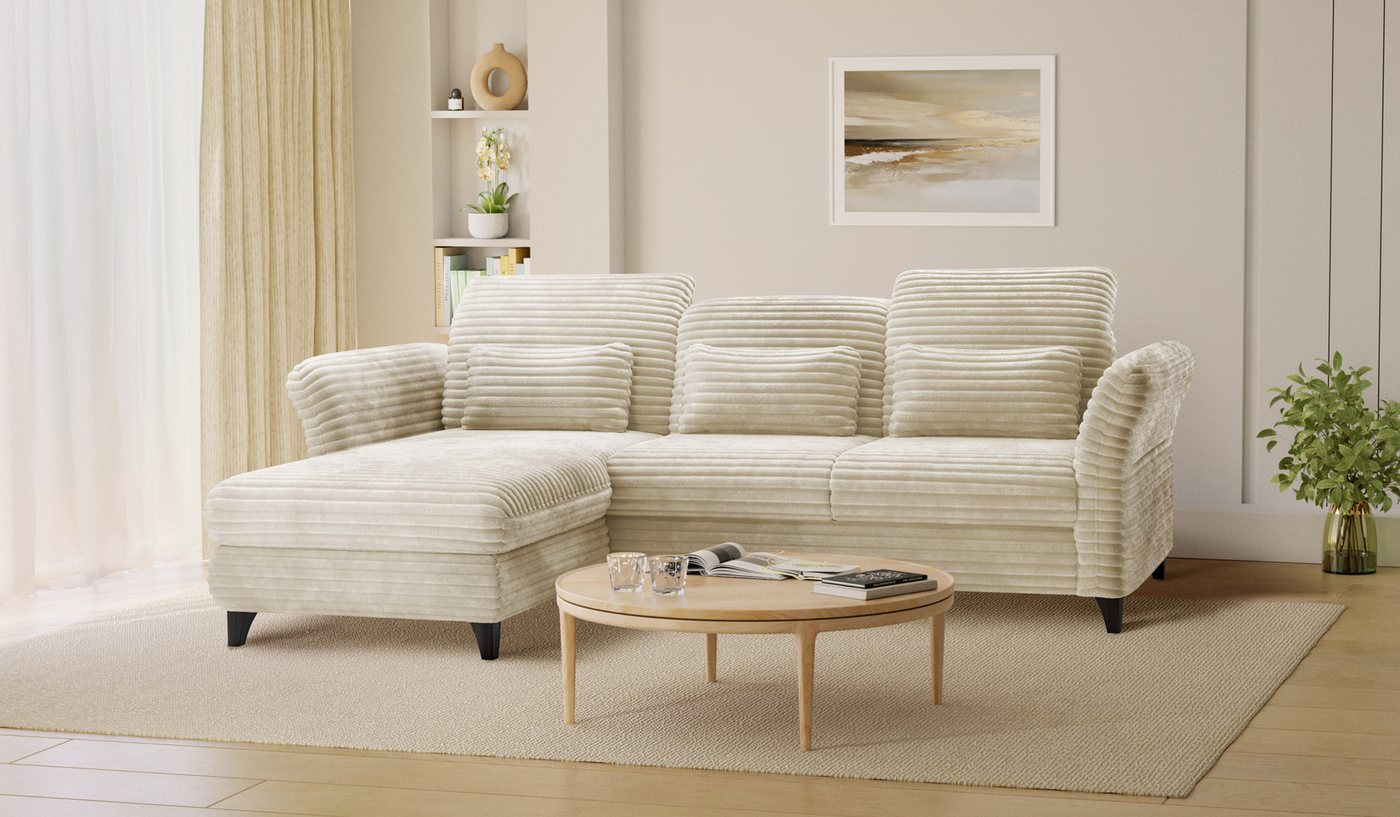 Hygger Möbelhaus Ecksofa Eva L-Form, B/T/H: 253/190/93 cm, inkl. Taschenfedern, 3 Nierenkissen, Wahlweise mit Bettfunktion und Bettkasten, Inkl. Sitztiefenverstellung, Kopfteilverstellung, Armteilverstellung, Hergestellt in Europa von Hygger Möbelhaus