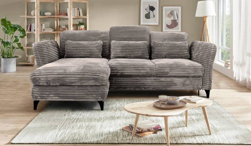 Hygger Möbelhaus Ecksofa Eva L-Form, B/T/H: 253/190/93 cm, inkl. Taschenfedern, 3 Nierenkissen, Wahlweise mit Bettfunktion und Bettkasten, Inkl. Sitztiefenverstellung, Kopfteilverstellung, Armteilverstellung, Hergestellt in Europa von Hygger Möbelhaus
