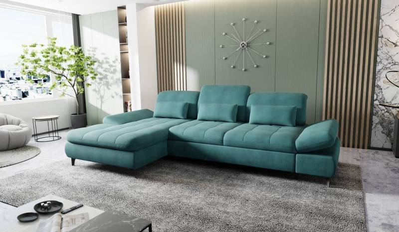 Hygger Möbelhaus Ecksofa „Nola“ L-Form mit Bettfunktion & Stauraum, modern & gemütlich, Inklusive Sitztiefenverstellung, Kopfteil- & Armteilverstellung, 3 Nierenkissen. Versandkostenfrei innerhalb Deutschlands von Hygger Möbelhaus