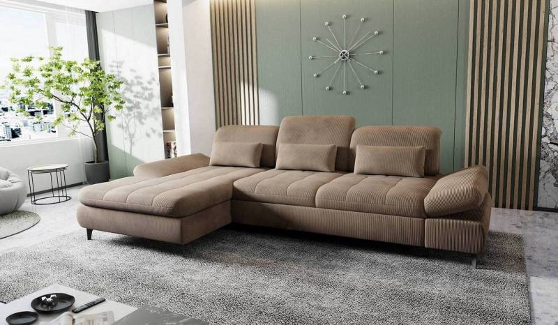 Hygger Möbelhaus Ecksofa „Nola“ L-Form mit Bettfunktion & Stauraum, modern & gemütlich, Inklusive Sitztiefenverstellung, Kopfteil- & Armteilverstellung, 3 Nierenkissen. Versandkostenfrei innerhalb Deutschlands von Hygger Möbelhaus