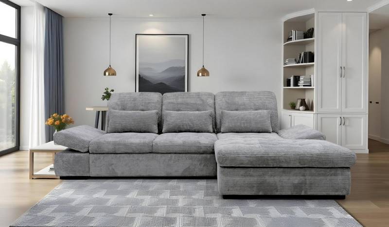 Hygger Möbelhaus Ecksofa Oregon L-Form, Sitztiefenverstellung, Arm- und Kopfteilverstellung, Wahlweise mit Bettfunktion und Bettkasten, Inklusive 3 Nierenkissen, Hergestellt in Europa Hygger Möbelhaus Ecksofa Oregon L-Form, Sitztiefenverstellung, Arm- und Kopfteilverstellung, Wahlweise mit Bettfunktion und Bettkasten, Inklusive 3 Nierenkissen, Hergestellt in Europa von Hygger Möbelhaus