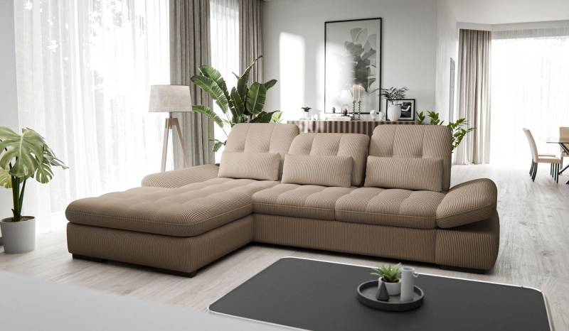 Hygger Möbelhaus Ecksofa Oregon L-Form XXL 300x200, wahlweise mit Schlaffunktion und Bettkasten, Polsterecke Inkl. Sitztiefenverstellung, Arm- und Kopfteilverstellung, 3 Nierenkissen, Hergestellt in Europa von Hygger Möbelhaus