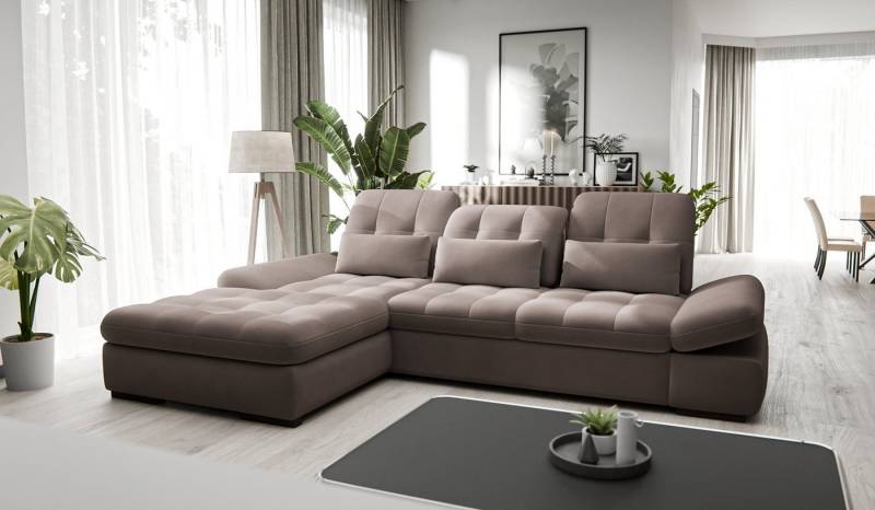 Hygger Möbelhaus Ecksofa Oregon L-Form 300x200 cm. mit Schlaffunktion inkl.3 Nierenkissen, Wahlweise mit Bettfunktion Breite von 165 cm, Inkl. Kopfteilverstellung, Sitztiefenverstellung, Armteilverstellung, Hergestellt in Europa Hygger Möbelhaus Ecksofa Oregon L-Form 300x200 cm. mit Schlaffunktion inkl.3 Nierenkissen, Wahlweise mit Bettfunktion Breite von 165 cm, Inkl. Kopfteilverstellung, Sitztiefenverstellung, Armteilverstellung, Hergestellt in Europa von Hygger Möbelhaus