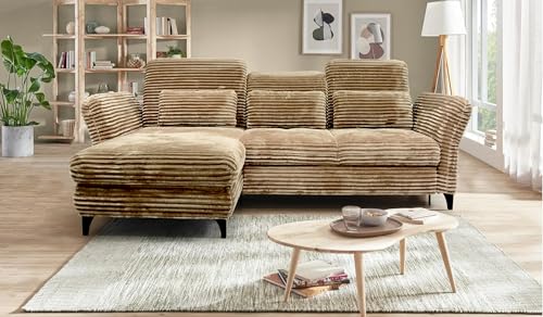 Hygger Ecksofa Eva L-Form - Sofa mit Schlaffunktion (Wahlweise) - Verstellbare Sitztiefe, Kopfstützen - Cord Tilia (Braun, Recamiere Links ohne Bettfunktion & Bettkasten) von Hygger