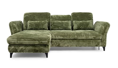 Hygger Ecksofa Eva L-Form - Sofa mit Schlaffunktion (Wahlweise) - Verstellbare Sitztiefe, Kopfstützen - Cord Tilia (Olive, Recamiere Links ohne Bettfunktion & Bettkasten) von Hygger