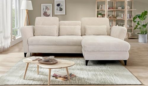 Hygger Ecksofa Eva L-Form - Sofa mit Schlaffunktion (Wahlweise) - Verstellbare Sitztiefe, Kopfstützen - Cord Top-S (Beige, Recamiere rechts ohne Bettfunktion & Bettkasten) von Hygger