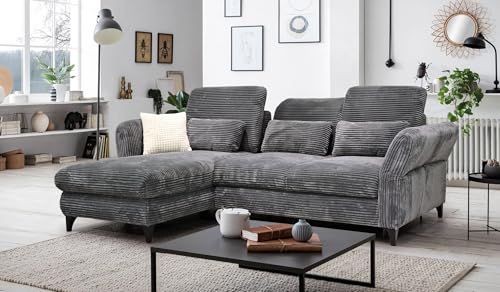 Hygger Ecksofa Eva L-Form - Sofa mit Schlaffunktion (Wahlweise) - Verstellbare Sitztiefe, Kopfstützen - Cord Top-S (Dunkelgrau, Recamiere Links mit Bettfunktion, ohne Bettkasten) von Hygger
