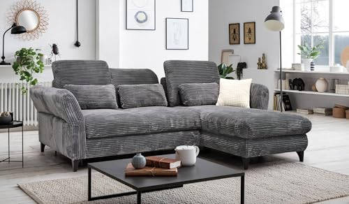 Hygger Ecksofa Eva L-Form - Sofa mit Schlaffunktion (Wahlweise) - Verstellbare Sitztiefe, Kopfstützen - Cord Top-S (Dunkelgrau, Recamiere rechts mit Bettfunktion, ohne Bettkasten) von Hygger