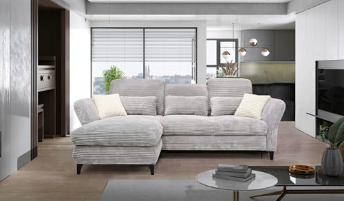 Hygger Ecksofa Eva L-Form - Sofa mit Schlaffunktion (Wahlweise) - Verstellbare Sitztiefe, Kopfstützen - Cord Top-S (Grau, Recamiere Links mit Bettfunktion, ohne Bettkasten) von Hygger