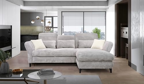Hygger Ecksofa Eva L-Form - Sofa mit Schlaffunktion (Wahlweise) - Verstellbare Sitztiefe, Kopfstützen - Cord Top-S (Grau, Recamiere rechts mit Bettfunktion, ohne Bettkasten) von Hygger
