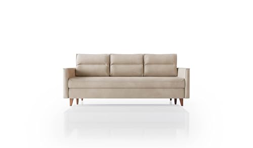 Hygger Loki Schlafsofa mit Bettkasten 145x200 cm – Schlafcouch 145 cm breit mit Taschenfederkern, Eschenholzfüßen – Skandinavisches Sofa Priority Chenille mit Viskose Stoff (Mikrofaser Simples, Beige) von Hygger