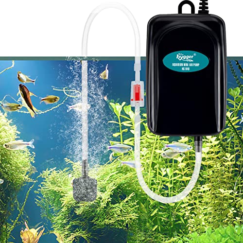 hygger Aquarium Luftpumpe, Sehr Leise Regelbar Mini Aquarium Sauerstoffpumpe für 1-75 Litern Fischschale mit Luftschlauch, Sprudelstein und Rückschlagventil(1W) von hygger