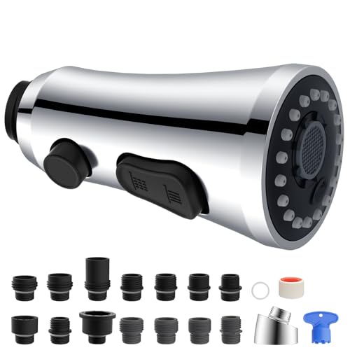 Universeller Küchenarmaturkopf-Ersatz, 2,5 GPM mit 15 Adapter-Kit, kompatibel mit Kohler/Moen/Delta-Wasserhahn, 3 Funktionen, ausziehbarer Spültisch-Wasserhahn-Sprühkopf, Chrom von Hygie Rinse